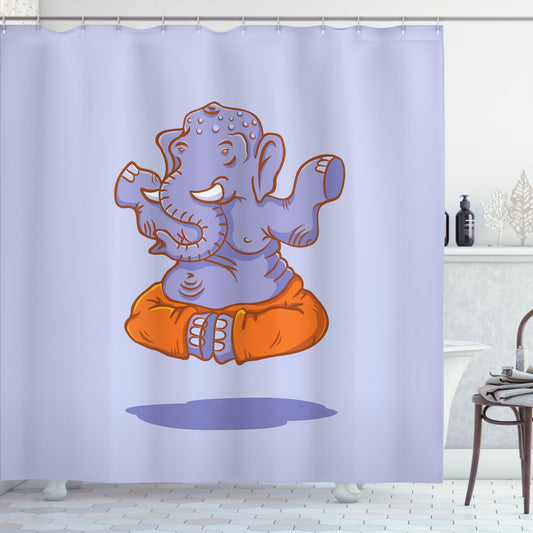 Yoga-themed Cartoon Elephant Shower Curtain in Lavender, Orange, and White Colors