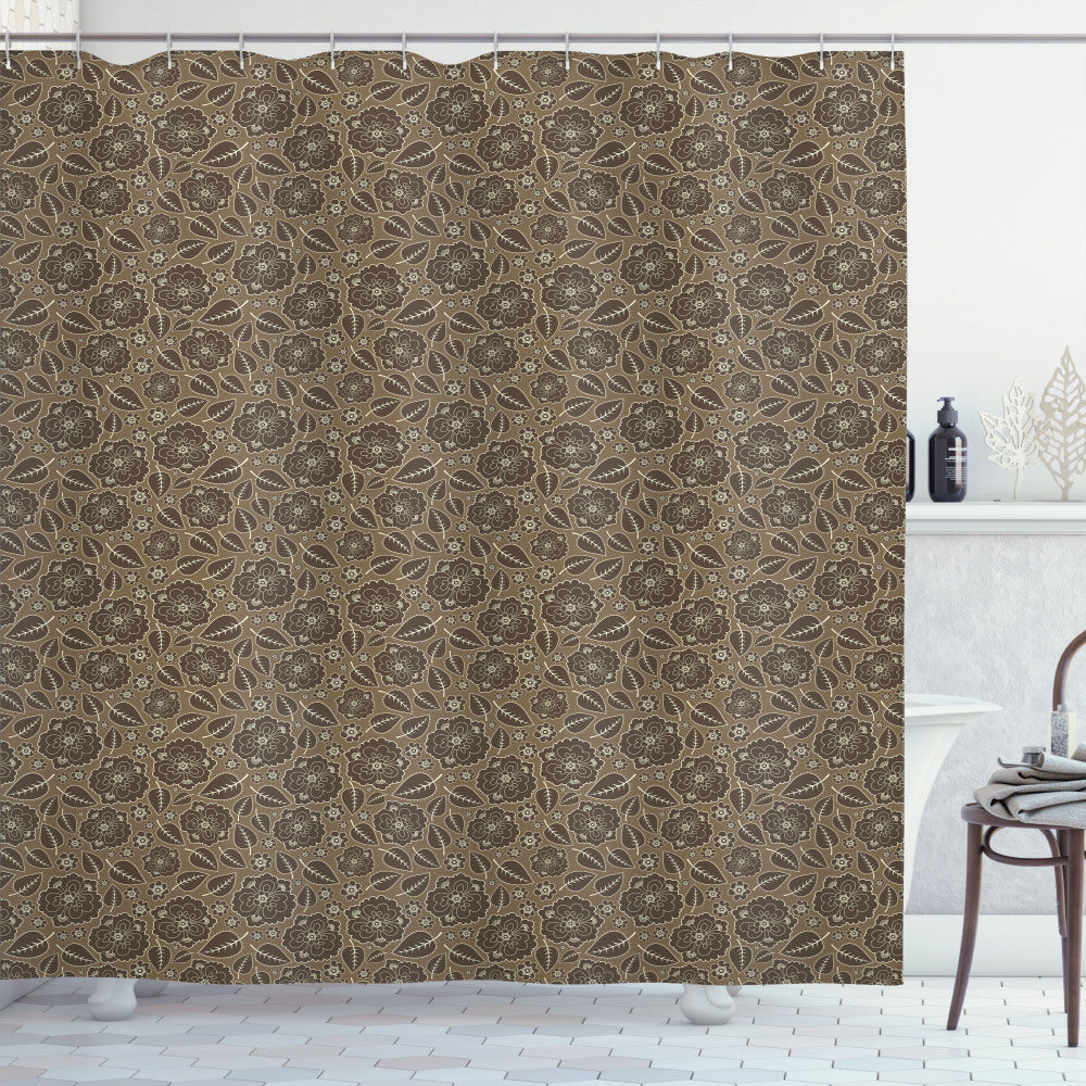 Vintage Leaves and Flowers Bath Curtain in Brown, Brown, and Taupe