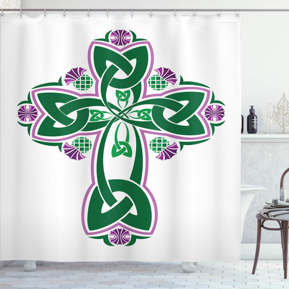 Celtic Everlasting Knot Shower Curtain in Thistle, Forest Green, White, and Pink