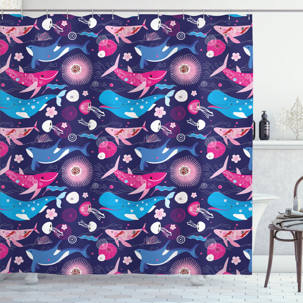 Whimsical Ocean Themed Shower Curtain with Whales, Indigo, and Multicolor Floral Nautical Elements