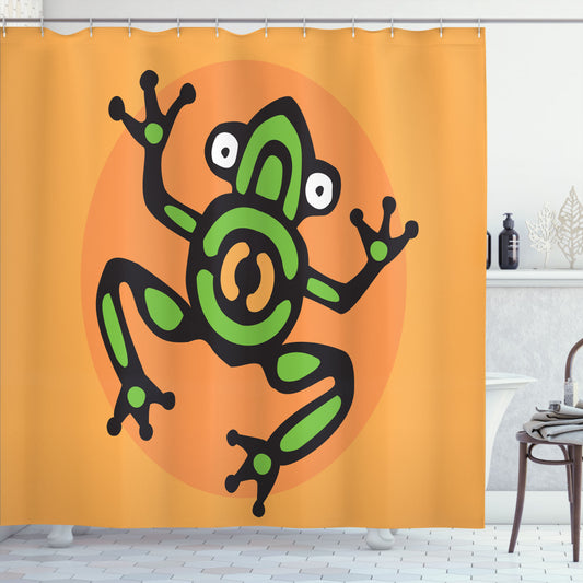 Artistic Aztec Amphibian Frogs Design Shower Curtain in Pale Orange, Apricot, Lime Green, and Charcoal Grey