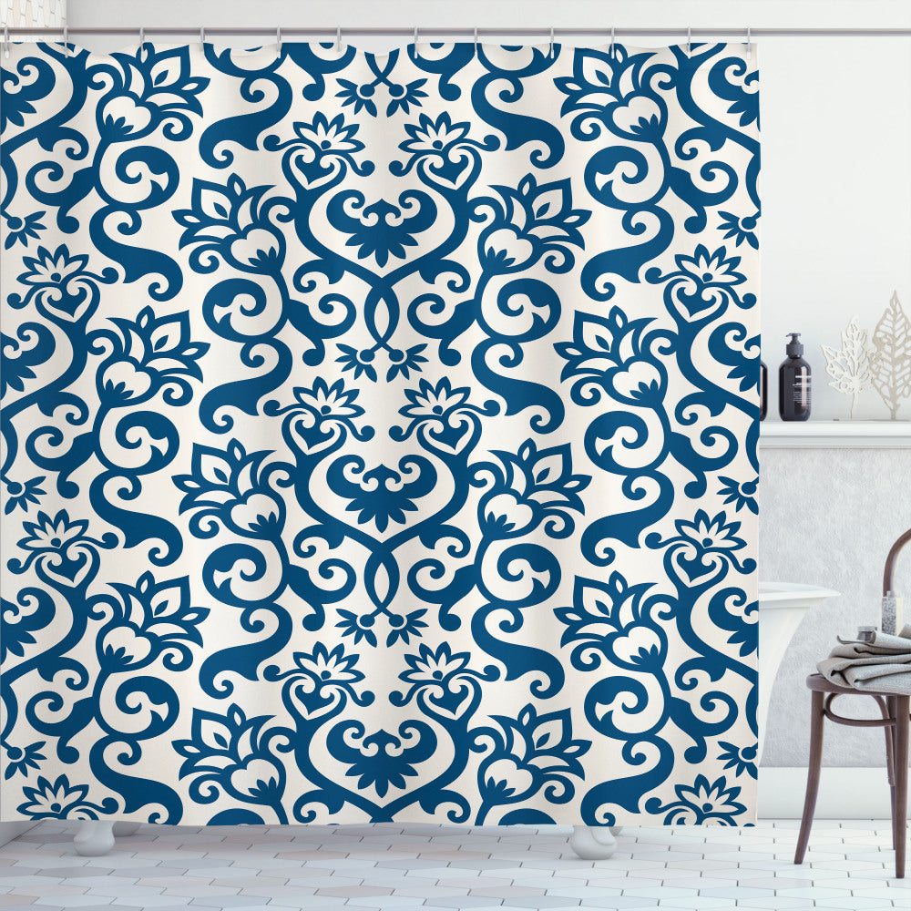 Abstract Antique Damask Curvy Art Bath Curtain in White and Blue