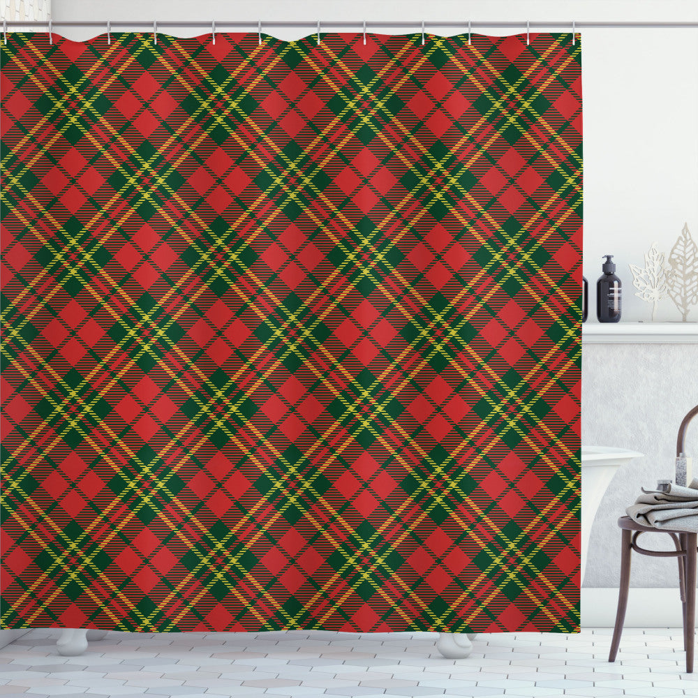 Checkered Emerald, Yellow, and Vermilion Irish Tartan Xmas Shower Curtain