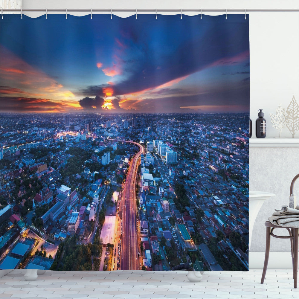 Urban Skyline of Bangkok Thailand: Enhancing Your Bathroom with Coral and Blue Shower Curtain