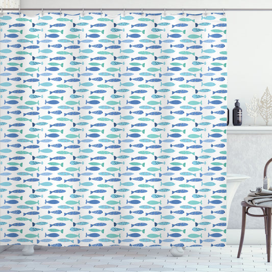 Turquoise and White Baby Fish Doodle Group Bath Curtain