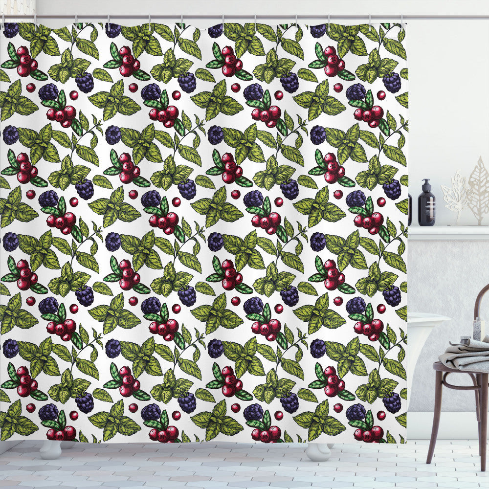 Berry Mint Leaf Herbs Infused Shower Curtain in Cranberry, Olive Green, Dark Purple, and Maroon