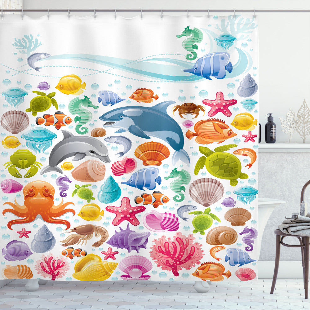 Tropical Animals Multicolor Ocean Fauna Design Shower Curtain