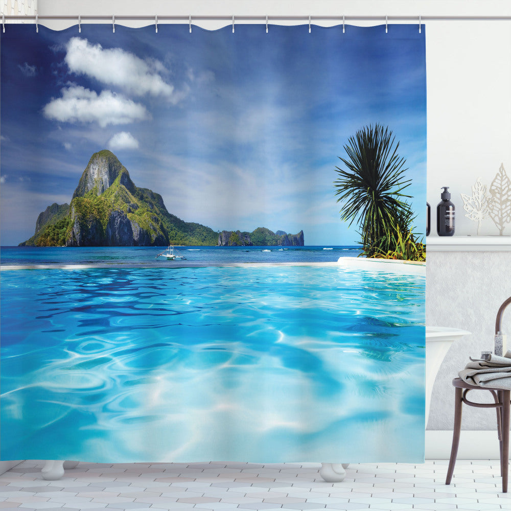 Turquoise and Green - Ocean Mountain Palms Landscape Shower Curtain