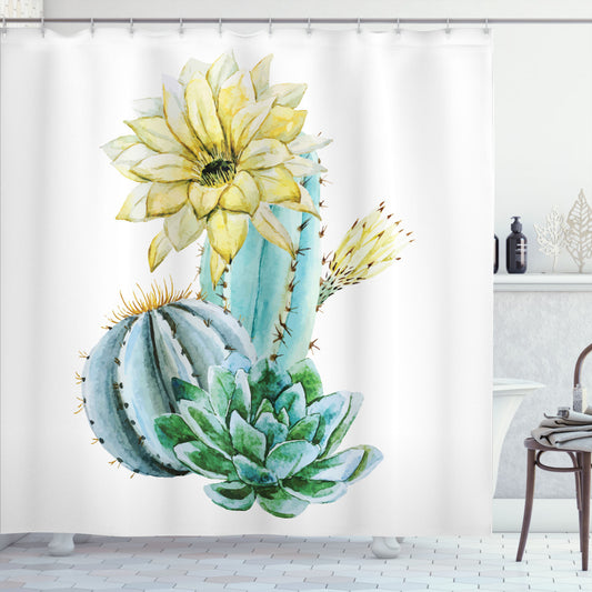 Cactus Plant Spikes Design in White and Blue Shower Curtain