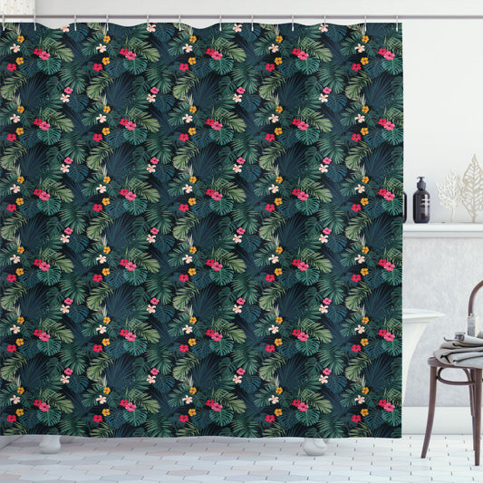 Vibrant Tropical Flora Shower Curtain: Realistic Rainforest Design in Multicolor