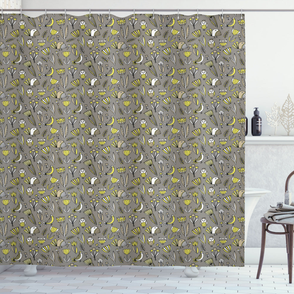 Abstract Avian Tulips: Yellow Bird, Slate Brown, Pastel Yellow, Dusk Shower Curtain