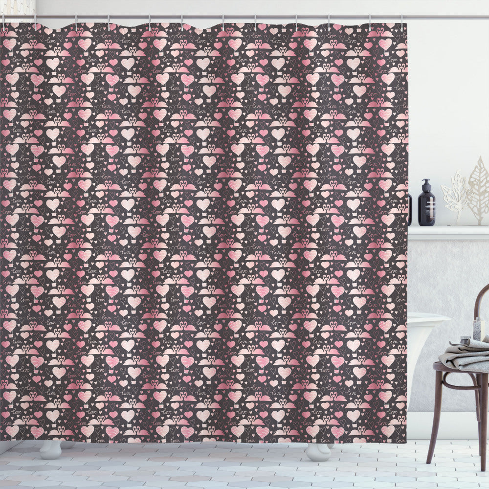 Valentine's Day Love Swans Hearts Shower Curtain in Dark Taupe Grey, Pale Pink, and Blush