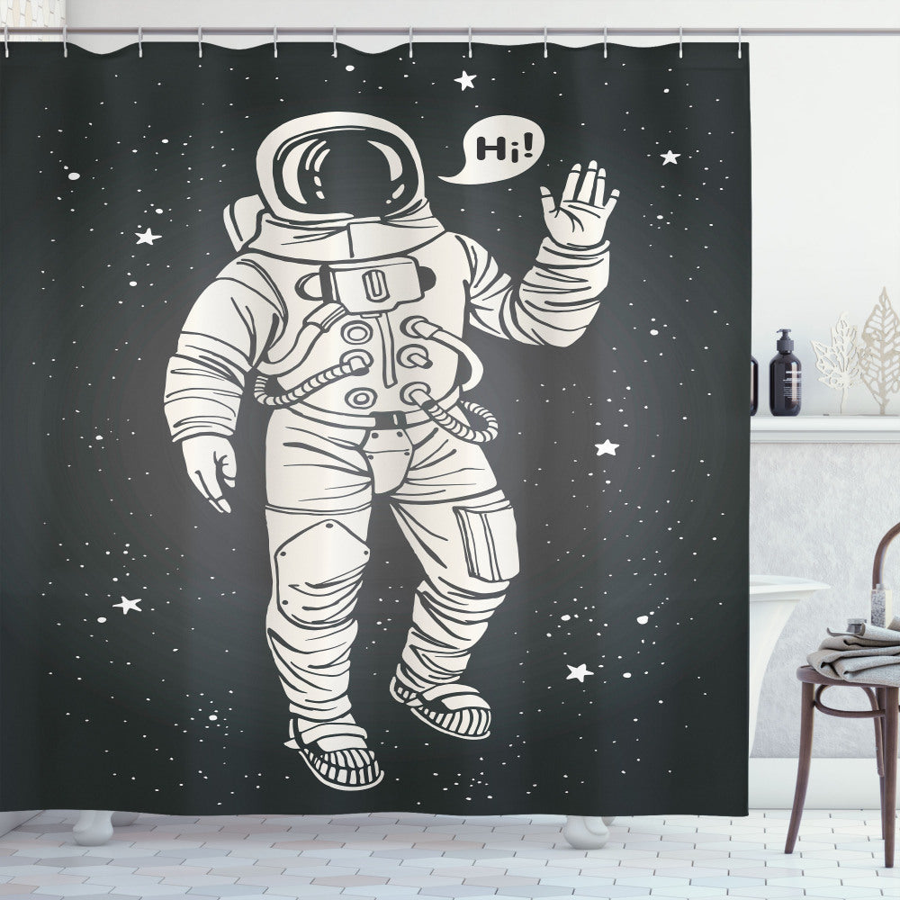 Cartoon Astronaut Outer Space Shower Curtain in Charcoal Grey Dust Color Palette