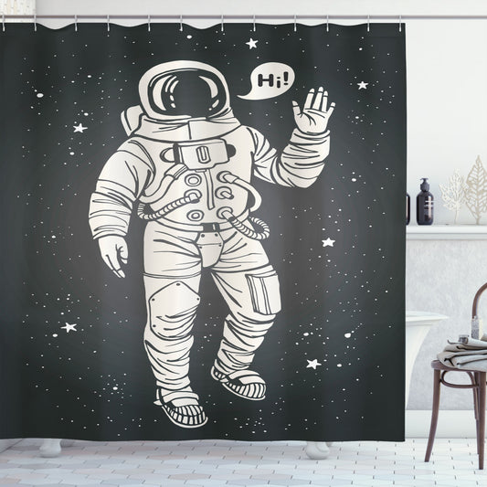 Cartoon Astronaut Outer Space Shower Curtain in Charcoal Grey Dust Color Palette