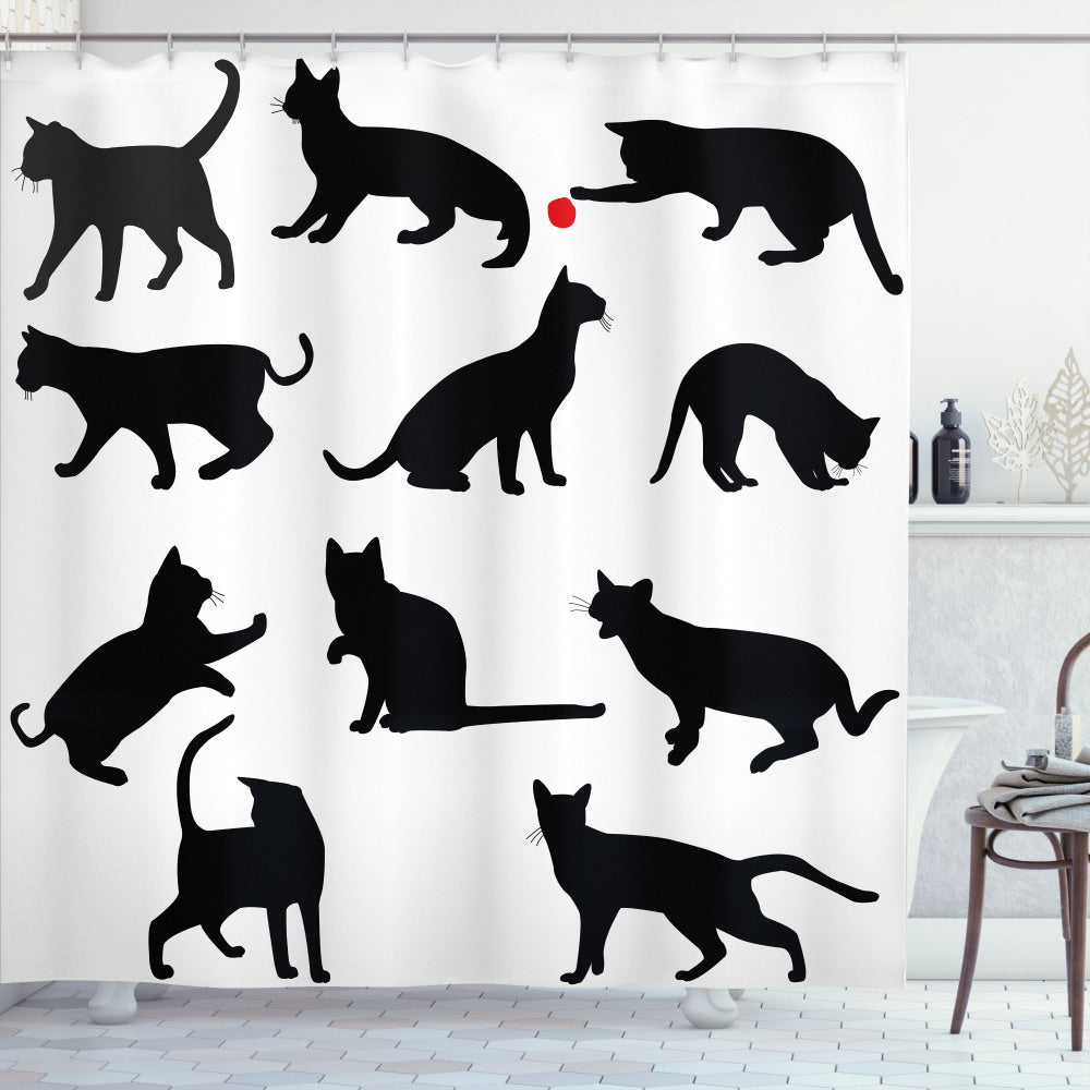 Cat-Themed Red Ball Animal Pet Kittens Shower Curtain in Vermilion and Black