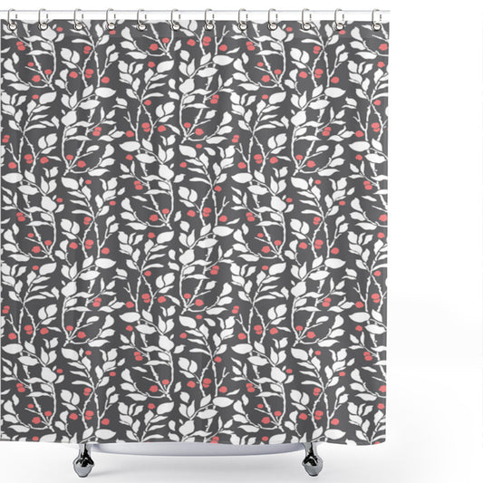 Vintage-inspired Leafy Sprigs Berries Shower Curtain in White, Coral, and Grey