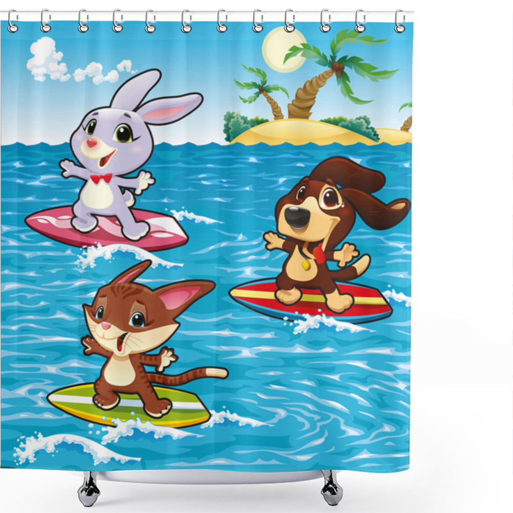 Animal Surfing in Sky Blue and Brown Sea Shower Curtain