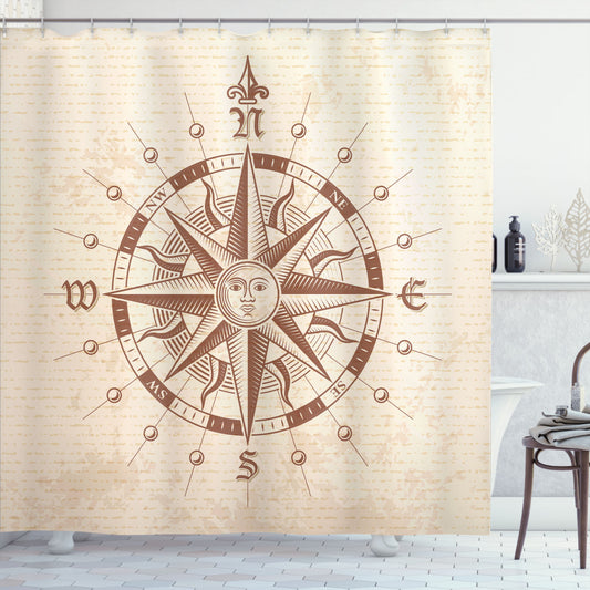 Vintage Compass Brown Tan Shower Curtain - Nautical-themed Bathroom Decor