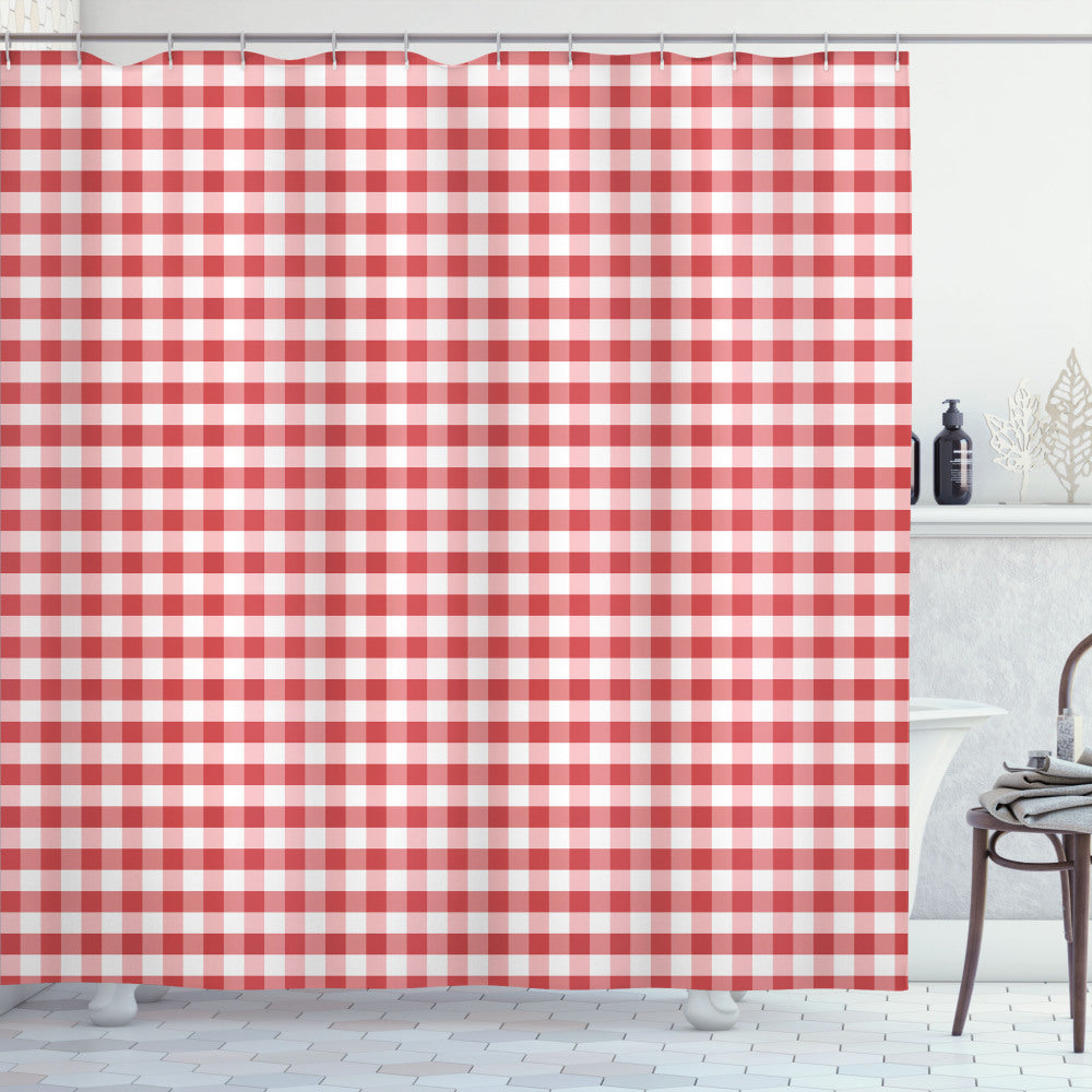 Classic Gingham Bath Curtain in Checkered White and Coral