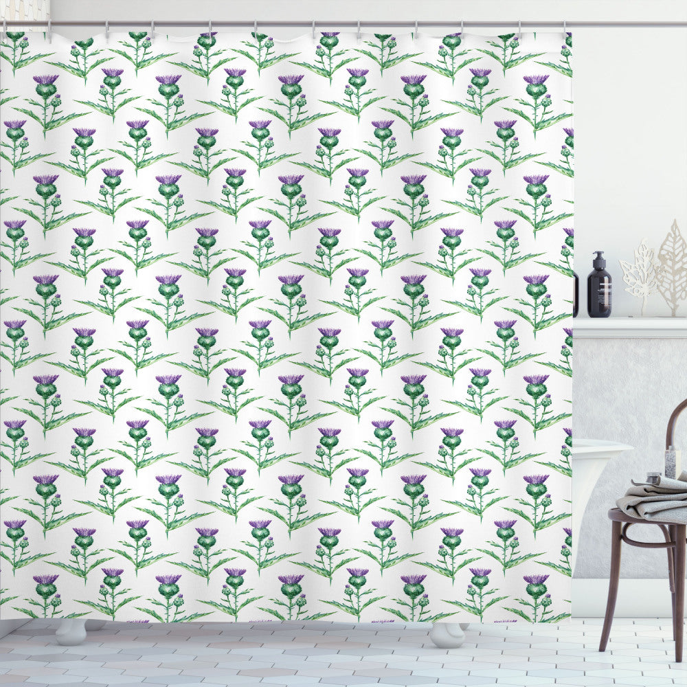 Botanical Print Thistle Bath Curtain in Jade Green, Off White, and Purple Color Palette