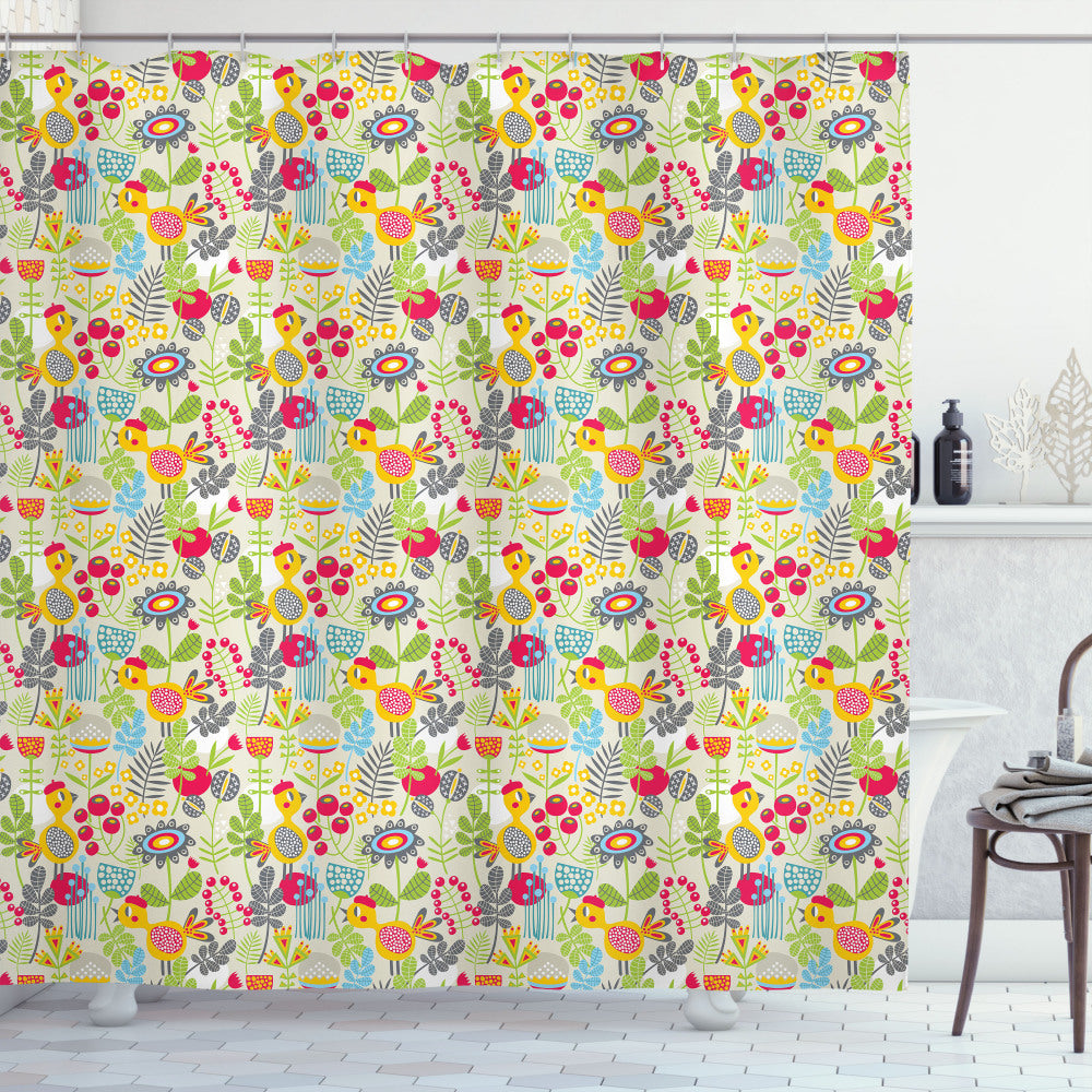 Childish Nursery Bird and Flowers Design Shower Curtain