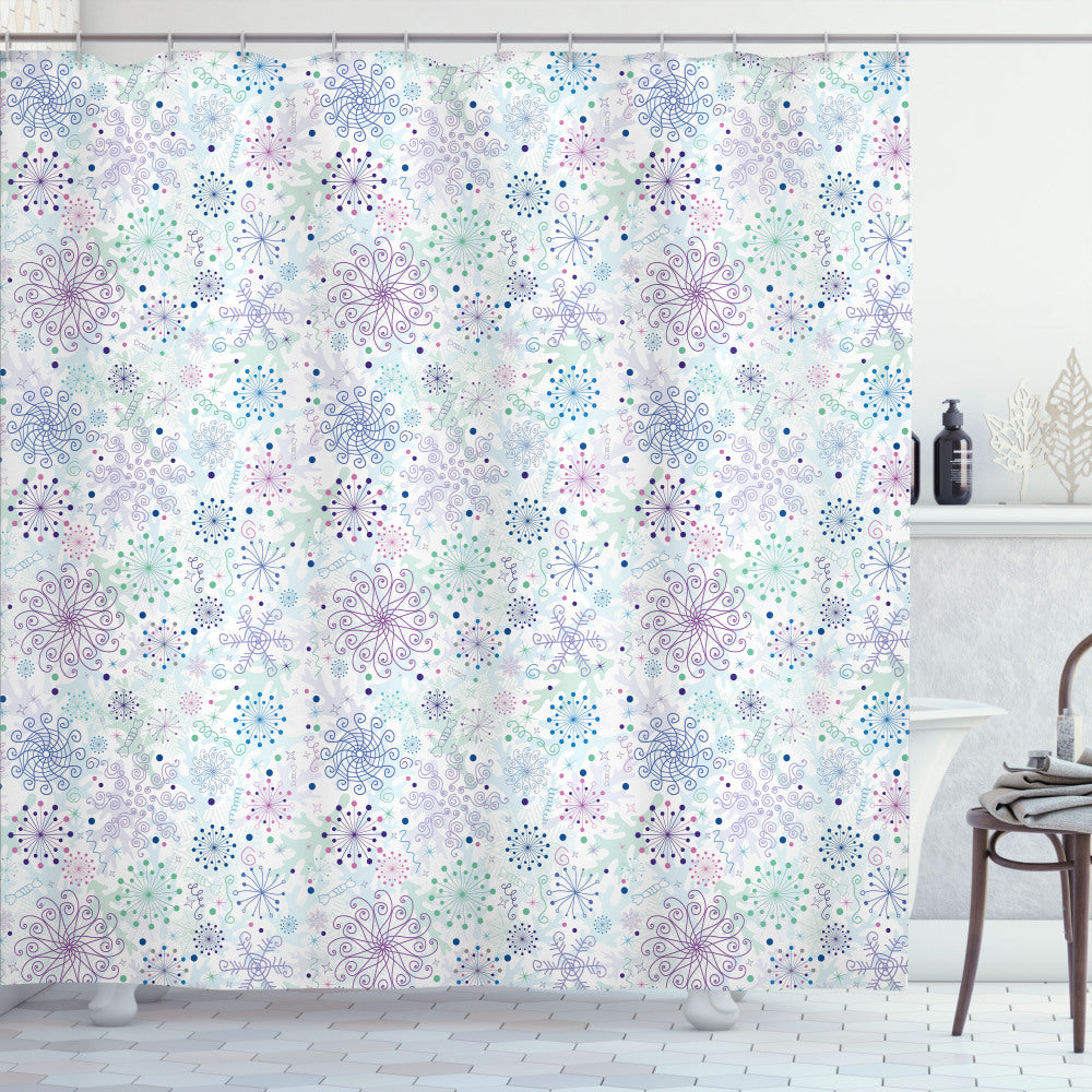 Winter Wonderland: Pastel Snowflakes Shower Curtain in Lavender, Green, and Blue