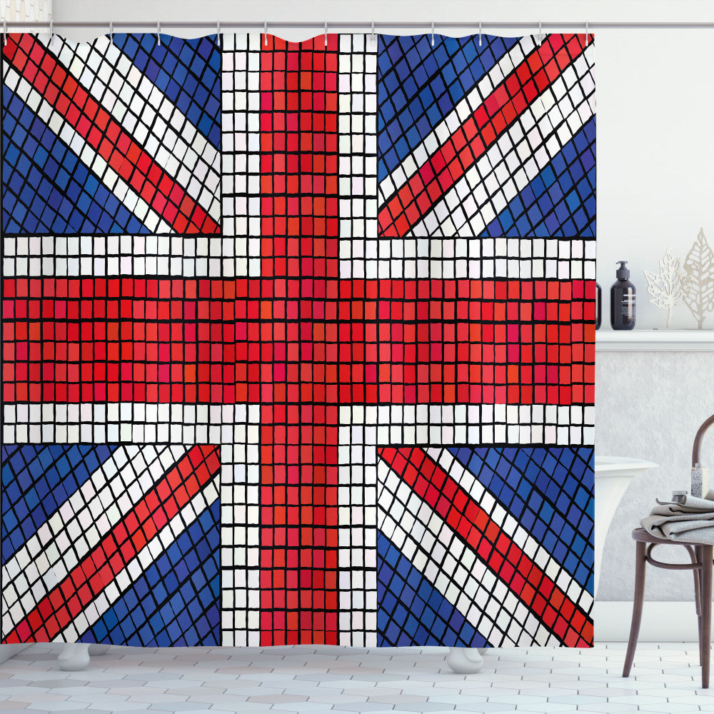 Union Jack Inspired Mosaic British Flag Shower Curtain in Royal Blue, White, and Red