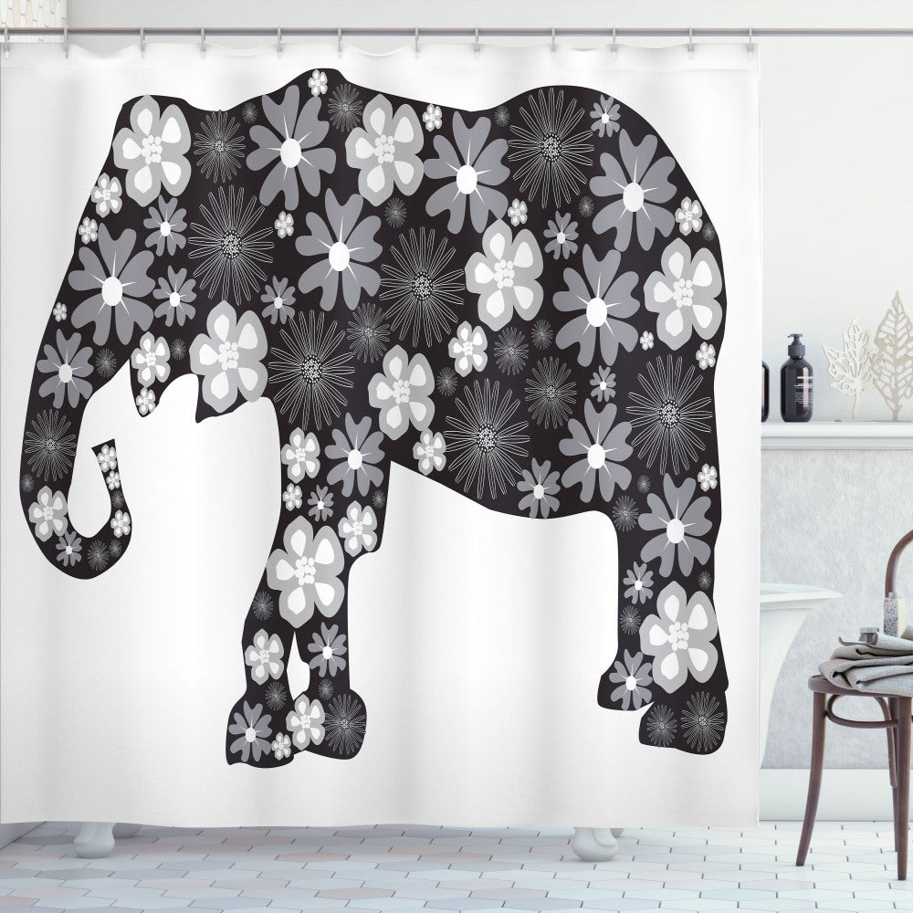 Animal-themed Floral Elephant Pattern White and Grey Shower Curtain