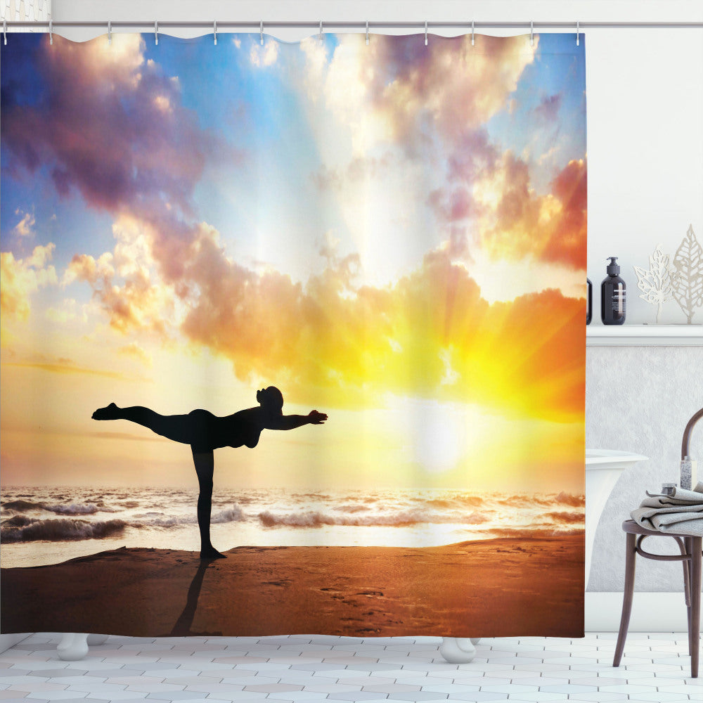 Yoga Warrior Pose Shower Curtain in Majestic Multicolor Sky