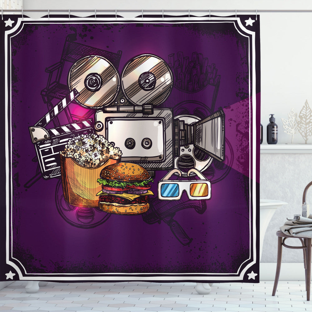 Burgers, Popcorn, and Cinema: Modern Earth Yellow and Purple Shower Curtain