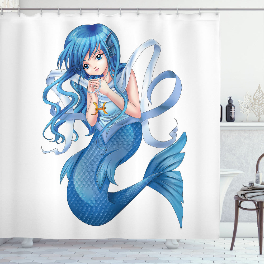 Anime-Inspired Pisces Girl Manga Style Bath Curtain in White and Blue