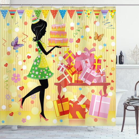 Birthday Woman Holding a Multicolor Birthday Cake Shower Curtain