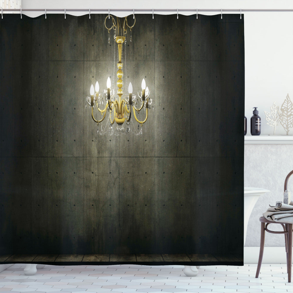 Classic Dark Chandelier Bath Curtain in Grunge Yellow and Grey