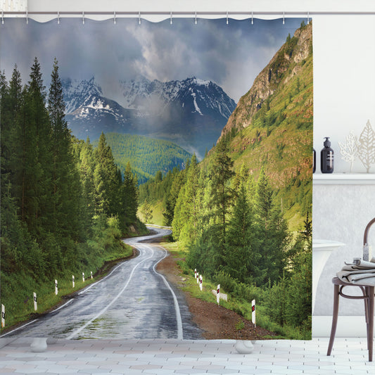 Woodland Mountain Landscape Road Shower Curtain in Brown, Green, and Grey