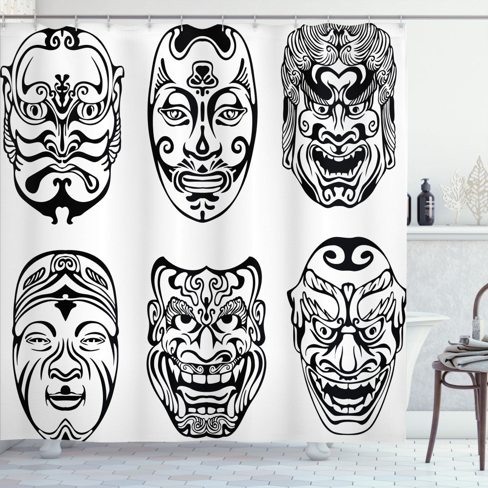 Theatrical Japanese Kabuki Mask Inspired Shower Curtain in Black and White