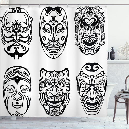 Theatrical Japanese Kabuki Mask Inspired Shower Curtain in Black and White