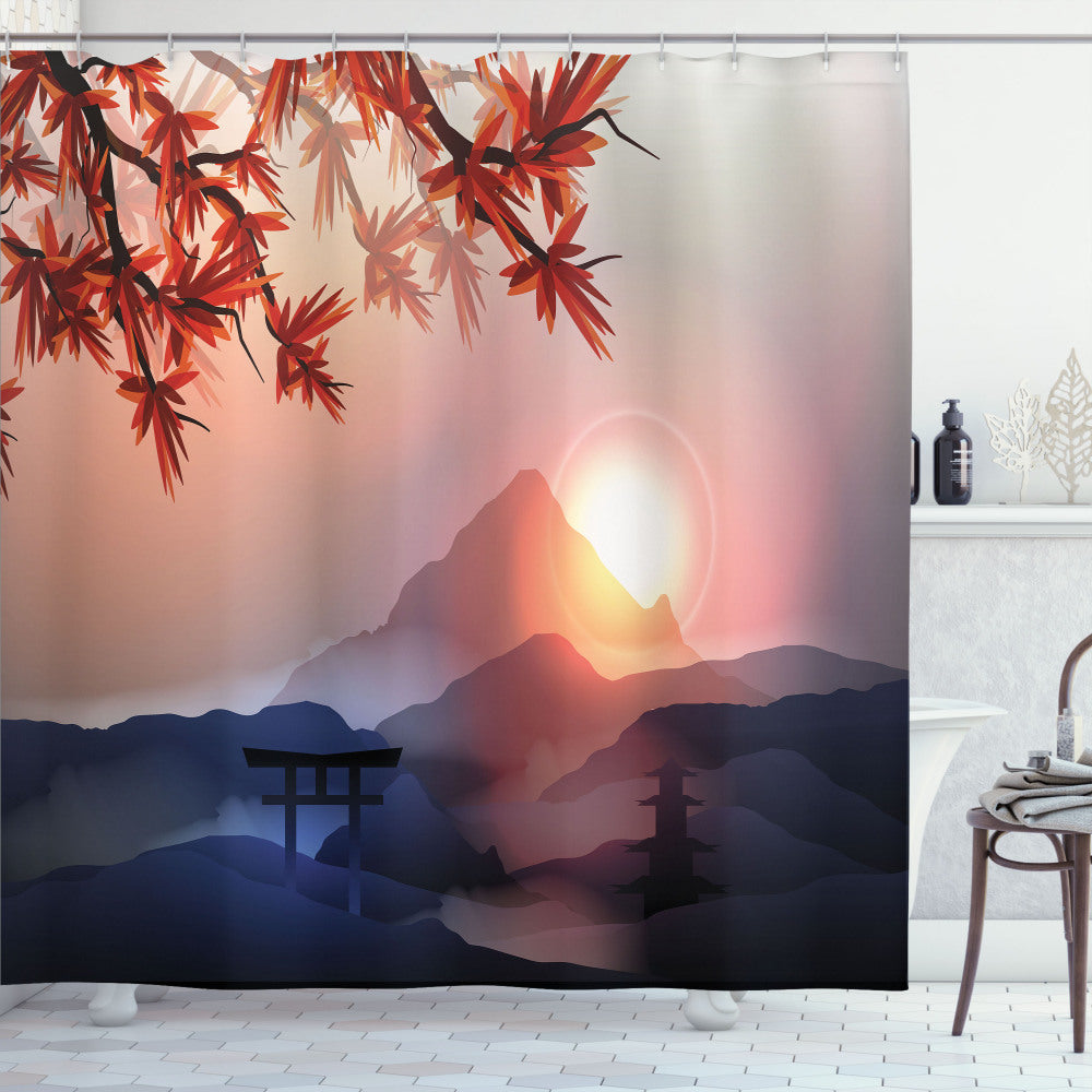 Vibrant Asian Himalayas Peaks Shower Curtain in Pink, Blue, and Red