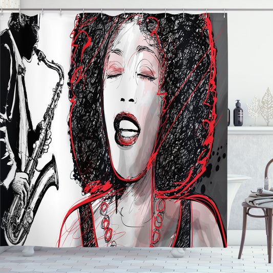 African American Girl Sings - Pale Grey and Black African-inspired Shower Curtain