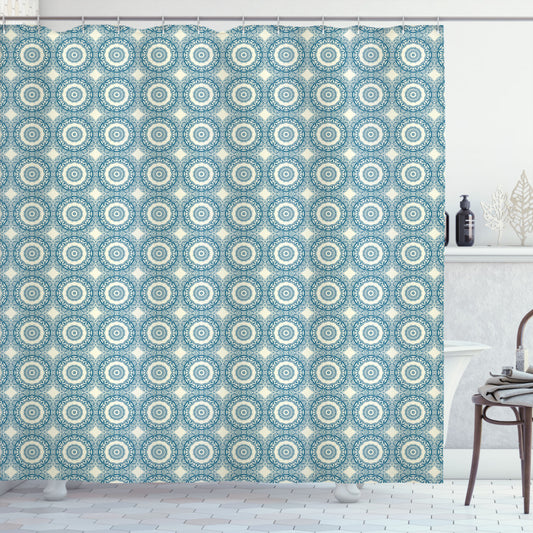 Circular Oriental Moroccan Cream and Dark Sky Blue Shower Curtain