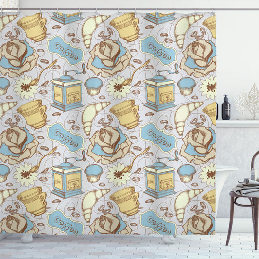 Coffee and Croissants: Pastel Green, Umber, Grey Yellow, and Pale Sky Blue Roses Shower Curtain