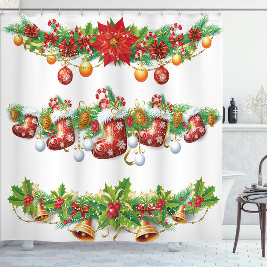 Christmas-themed Shower Curtain with Flowers, Socks, and Bells in Orange, Green, and Red