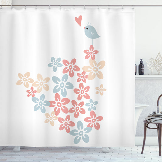 Vintage Design Bath Curtain Perfect for Valentines Day with Dried Rose, Blue Grey, White, and Tan Accents