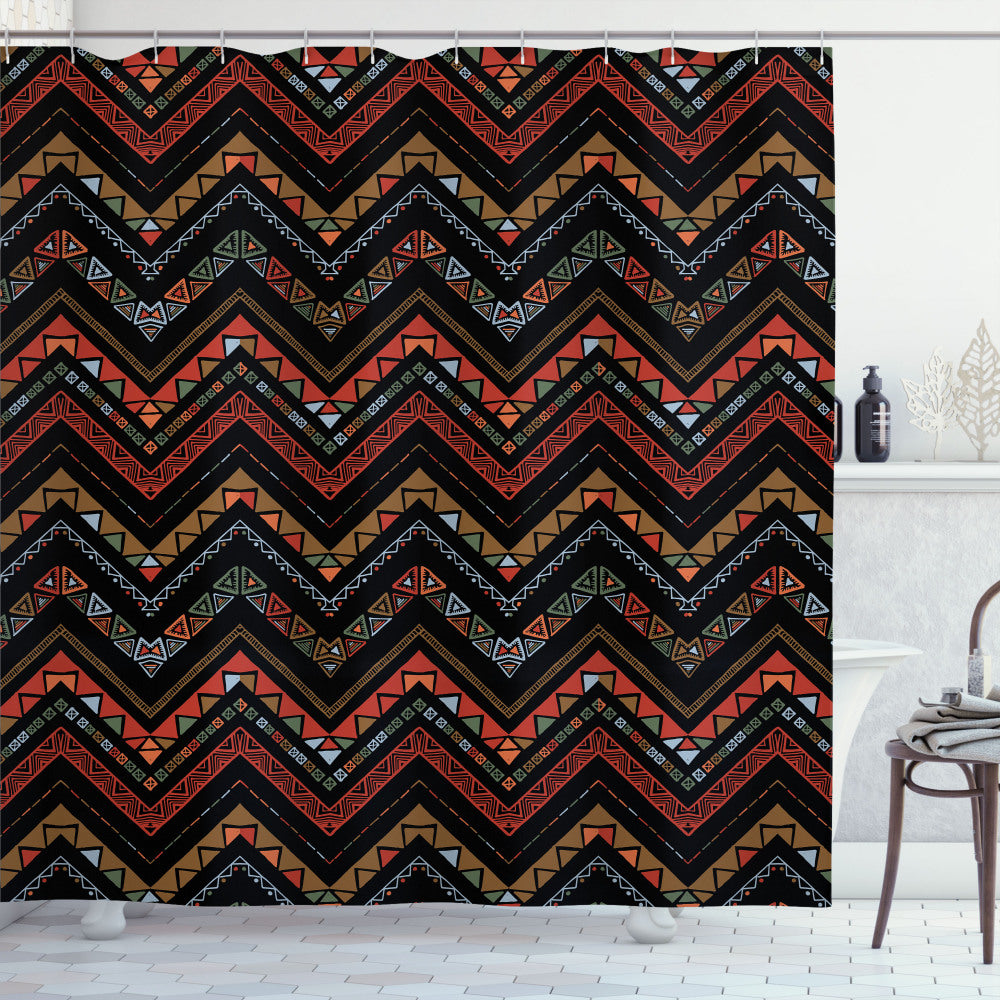 Aztec-inspired Ethnical Zigzag Chevron Art Shower Curtain in Paprika, Caramel, Reseda Green, and Charcoal Grey