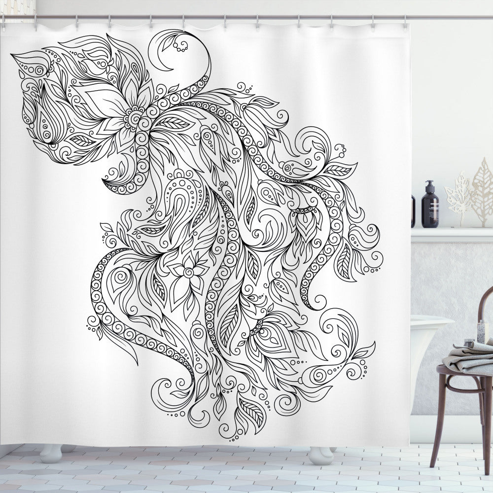 Astrology-inspired Aquarius Floral Zodiac Shower Curtain in Black and White