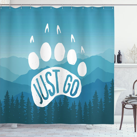 Vintage Mountains Graphic Retro Poster in Classic White and Blue - Shower Curtain