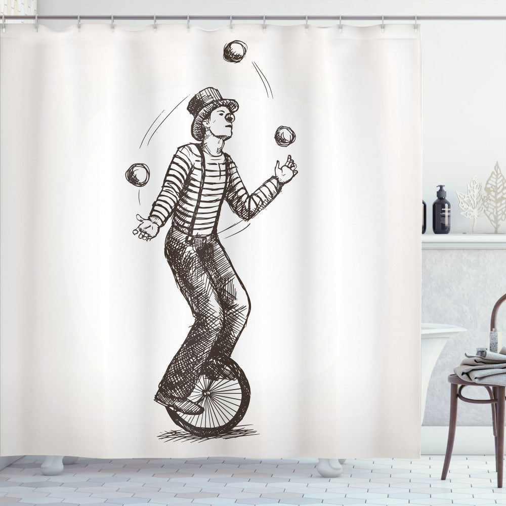 Circus Inspired White and Brown Juggler Clown on Wheel Shower Curtain