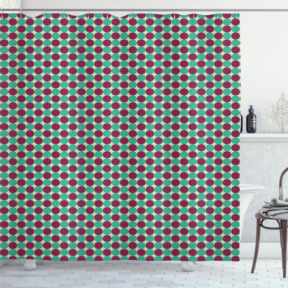 Abstract Circles in Squares: A Fusion of Pale Sea Green and Plum in Shower Curtain Design