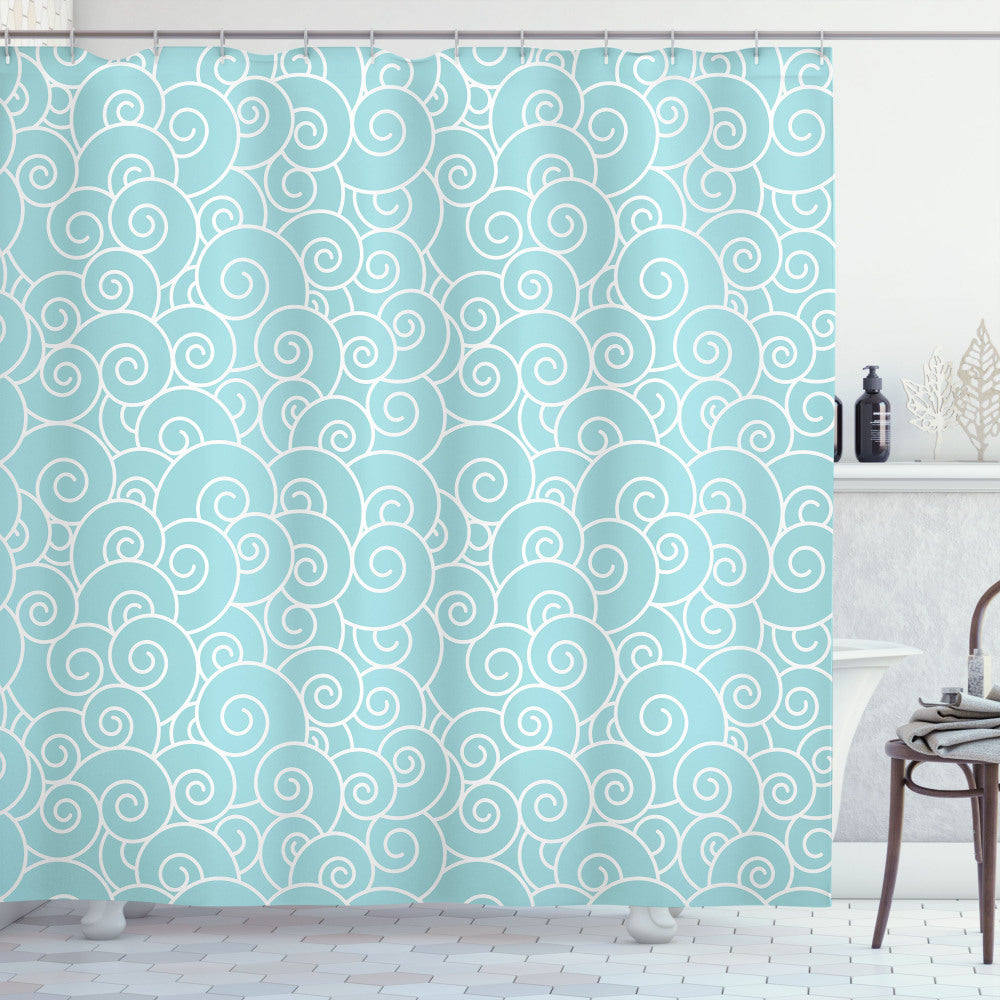 Abstract Curly Waves Pattern in Pale Blue and White Shower Curtain