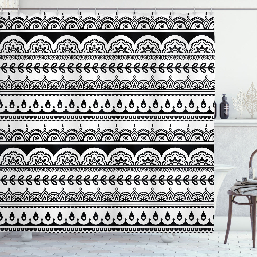 Tribal Leaf Borders: White and Black Shower Curtain with Tribal Leaf Design