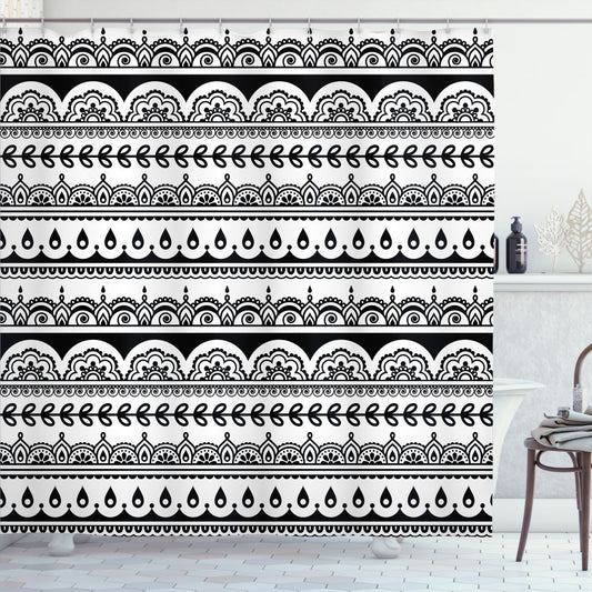 Tribal Leaf Borders: White and Black Shower Curtain with Tribal Leaf Design